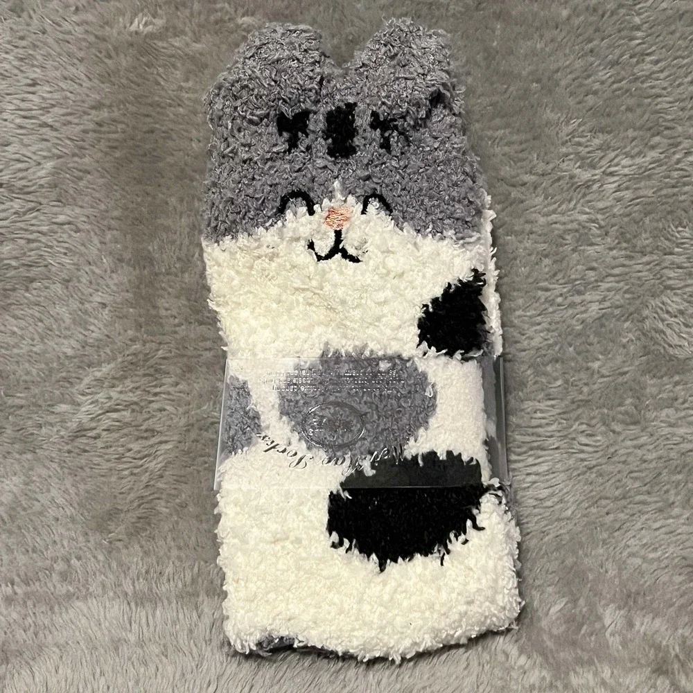 Mei Hao Socks Soft Polyester Women OneSize White/Gray Cat & Pom Balls Kawaii NEW